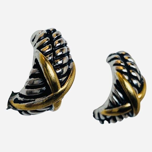 Vintage Braided Twisted Rope Kiss Silver & Gold Tone 1/2 Hoop Clip-on Earrings - Picture 3 of 6